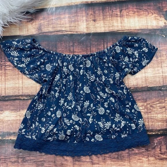 RELISTED Aeropostale Blue Floral Off The Shoulder Top Shirt - Picture 7 of 7